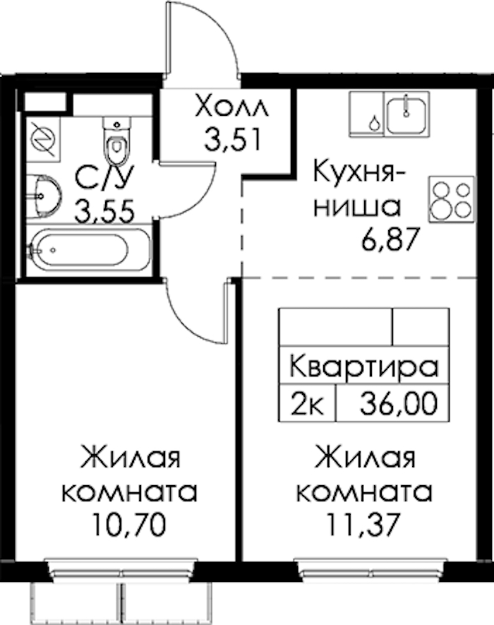 1-комнатная квартира 36 м², 8/15 эт., ЖК «Янинский лес»